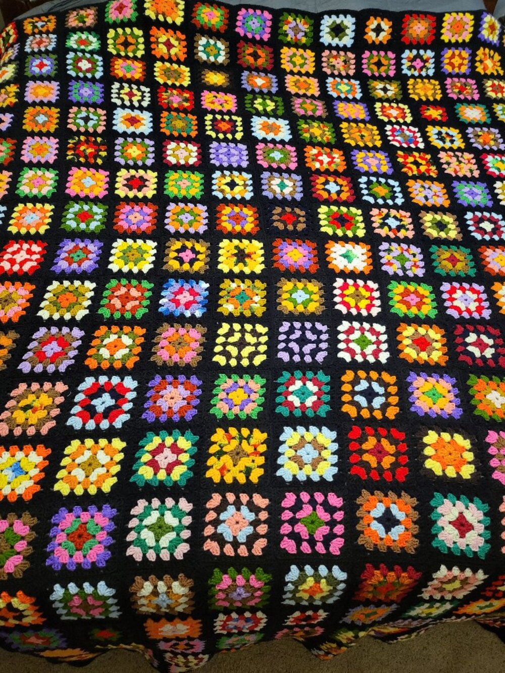 Vintage Handmade Afghan Granny Square Colorful Crochet King Queen Size Roseanne